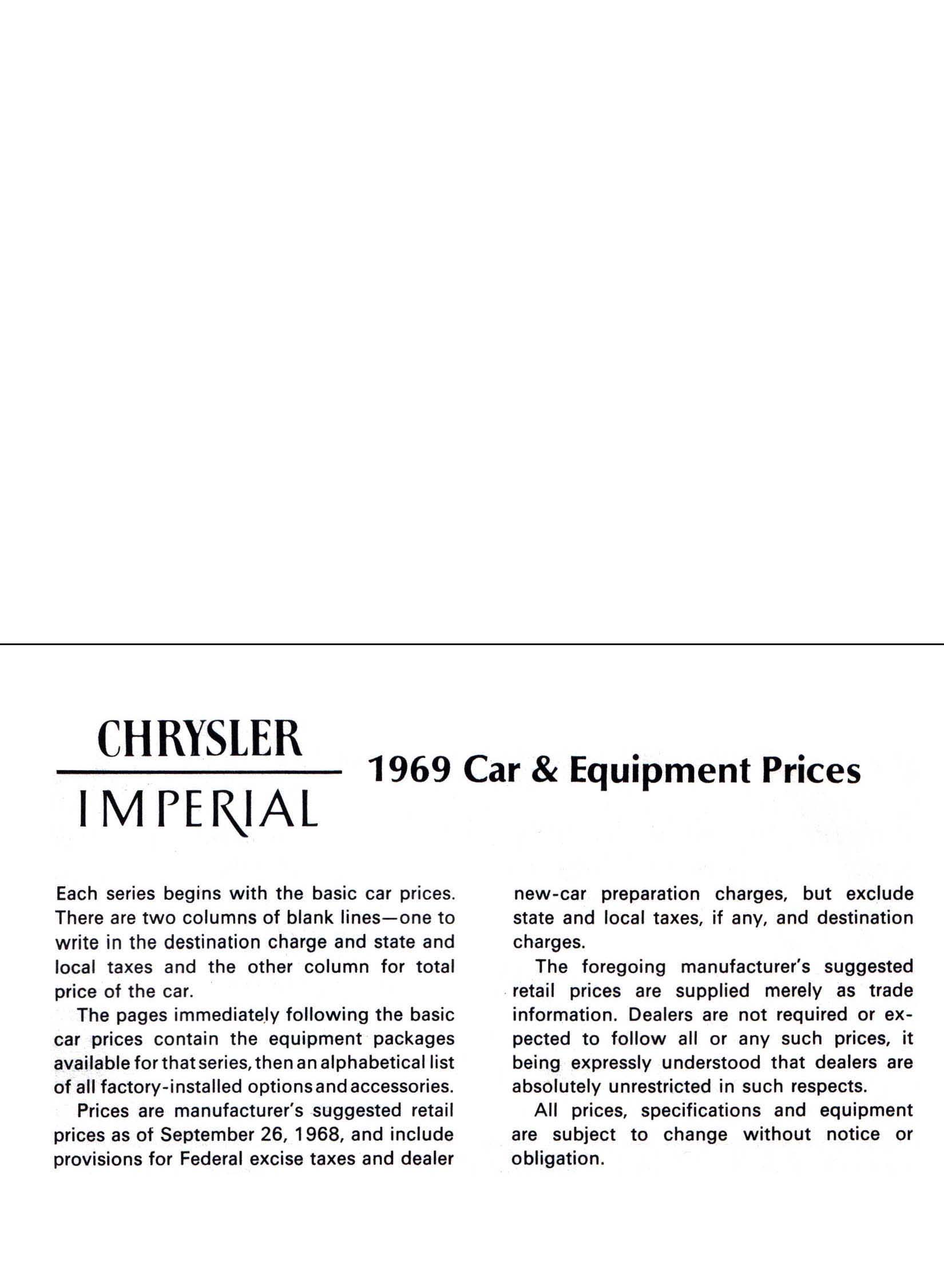 1969 Chrysler Car And Equipment Price List Page 4